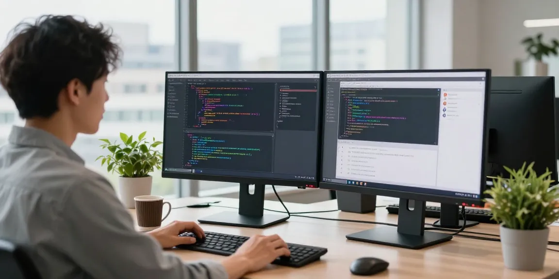 Developer coding on dual monitors with 纸飞机中文版 chat interface in a modern workspace