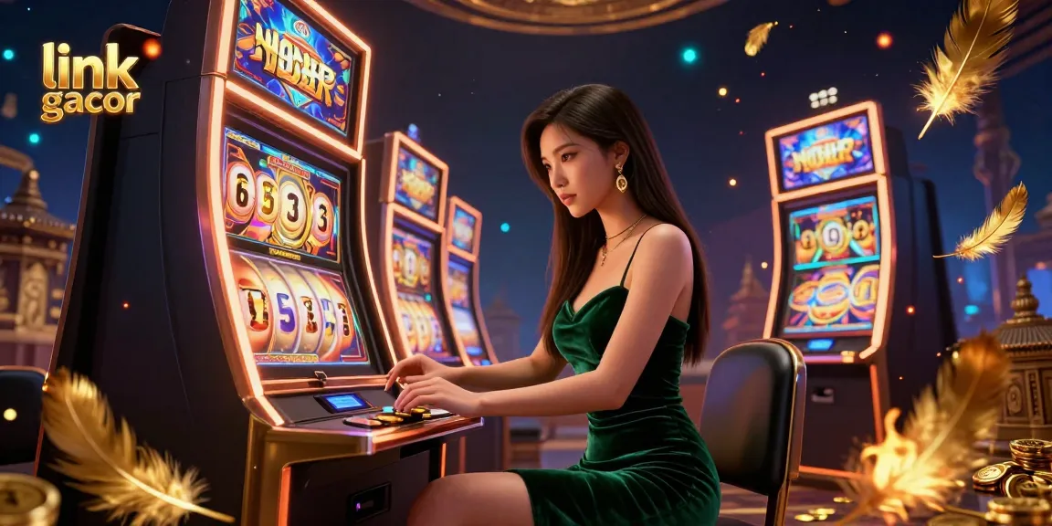 Engage with the thrill of link gacor at an elegant slot machine, surrounded by dynamic casino elements.
