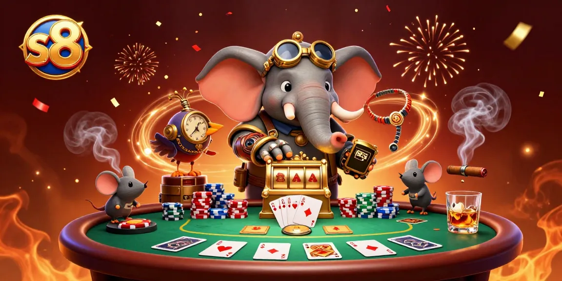 S8 offers thrilling gameplay as the steampunk elephant spins a golden slot machine amidst vibrant casino elements.