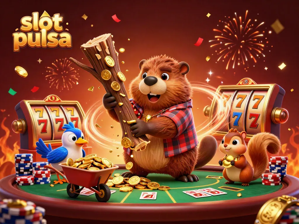 Slot pulsa dengan karakter kartun beaver yang memotong pohon uang emas, dikelilingi elemen kasino yang meriah.