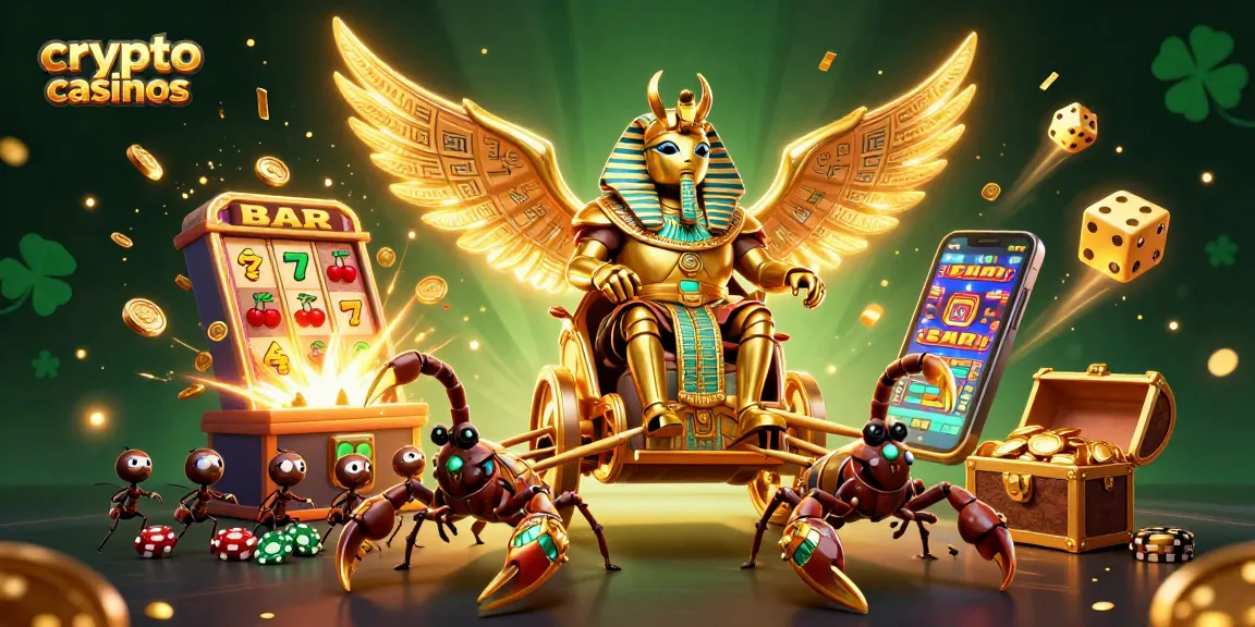 Jouer dans des crypto casinos avec des personnages colorés, des jetons de poker et une machine à sous éclatante.
