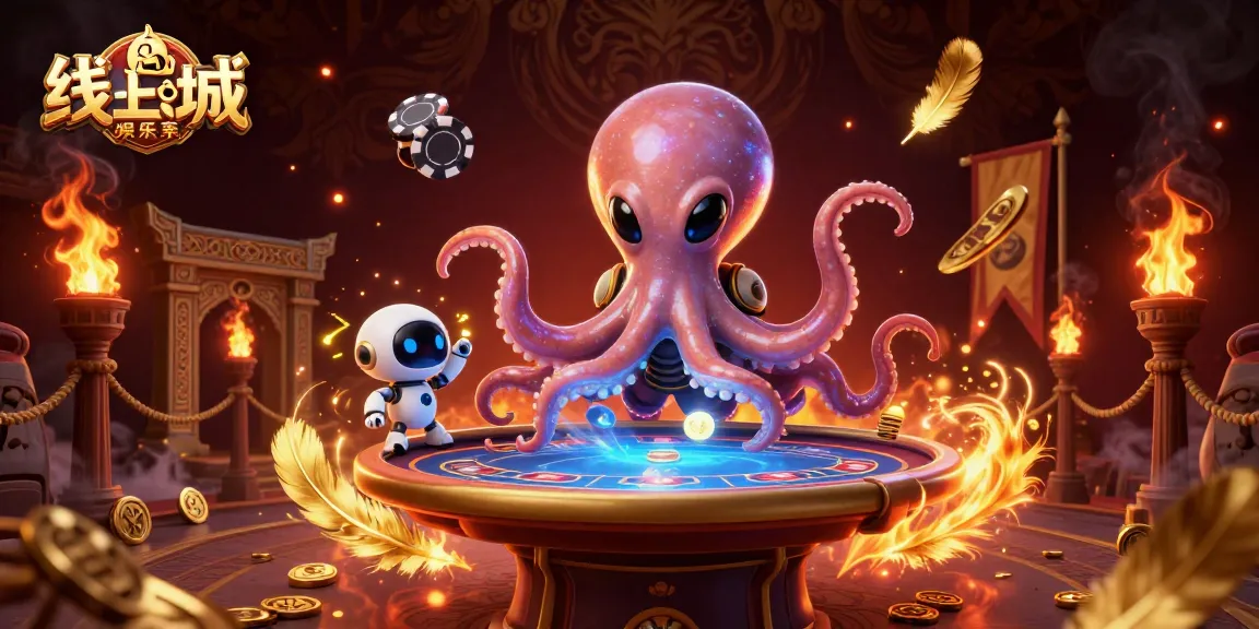 在這幅插圖中,線上娛樂城展示了一隻外星章魚與小機器人朋友在礦石環繞下玩撲克牌的動態場景。