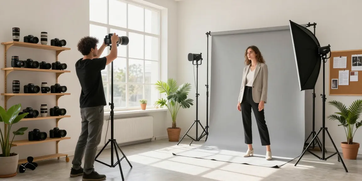 Photographe Commercial en studio, avec éclairage professionnel et modèle en tenue d'affaires.