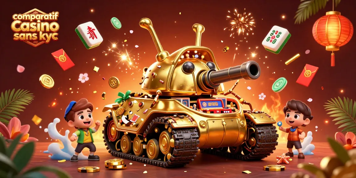 Comparatif casino sans KYC : illustration animée d'un casino miniature sous un tank doré.