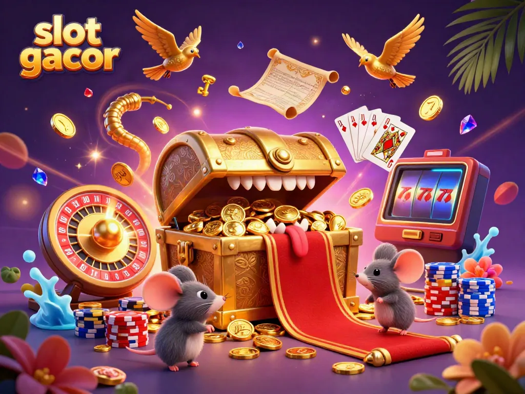 Experience the thrill of slot gacor with a vibrant 3D treasure chest and dynamic gaming elements.