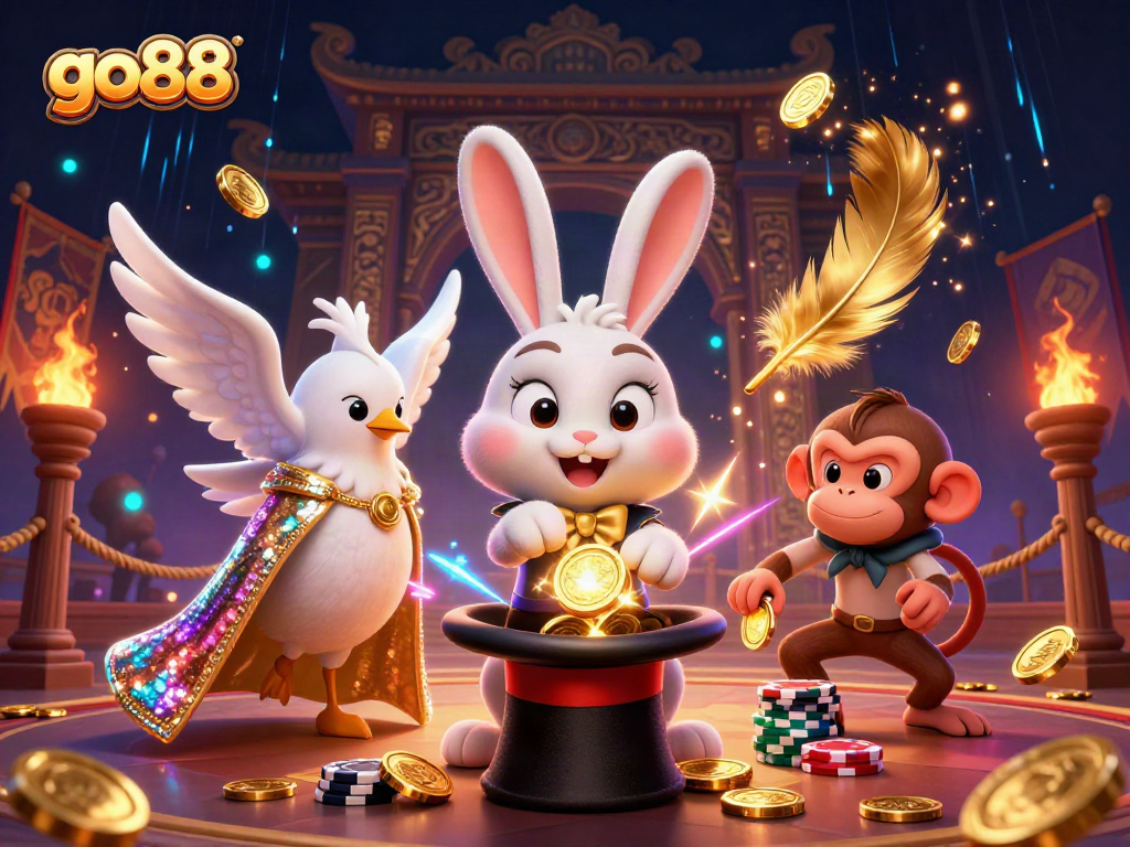 Experience go88 excitement with a magical scene of a rabbit, dove, and monkey in a casino.
