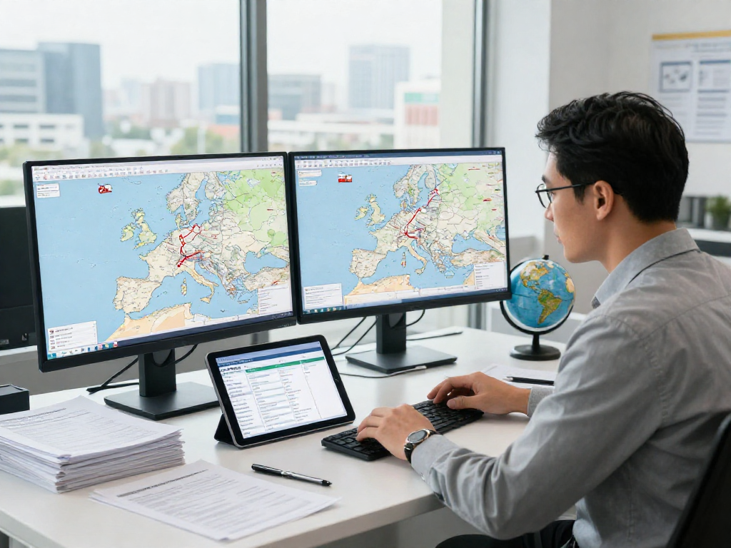 Internationaler Transport Dortmund in einem modernen Büro mit einem Logistikkoordinator, der Routen analysiert