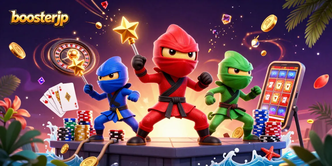 Engage with the thrilling world of boosterjp through an action-packed scene with vibrant casino elements.