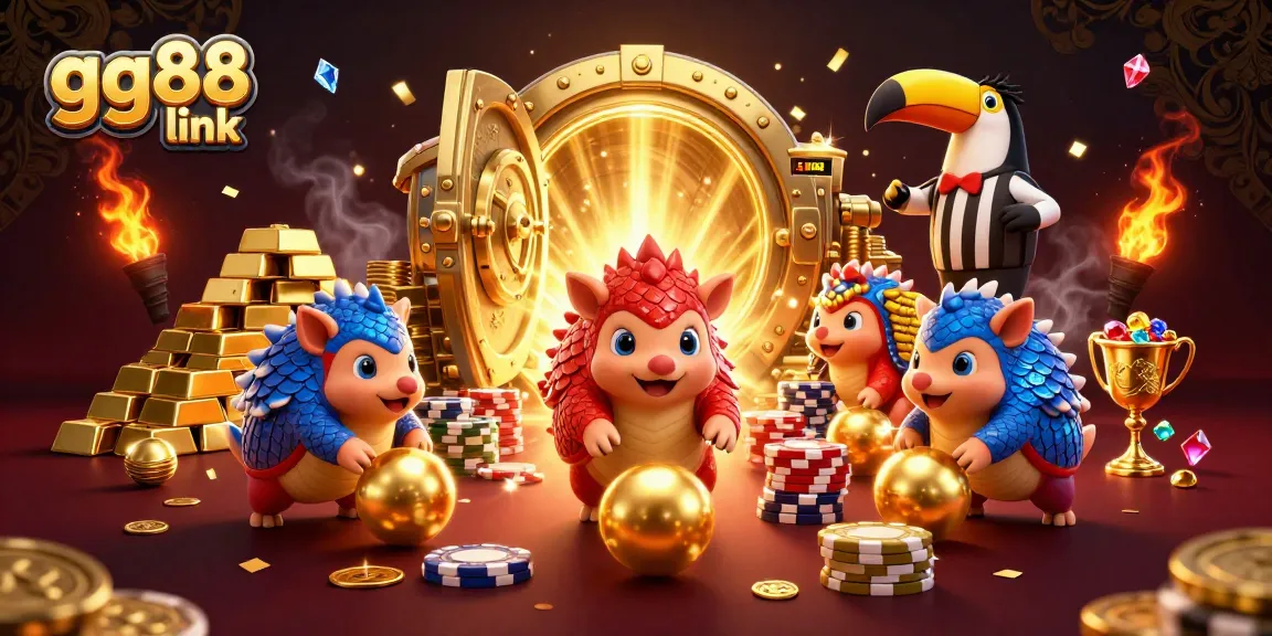 Experience the excitement of GG88 link with vibrant pangolins bowling into poker chips and treasure in an animated scene.