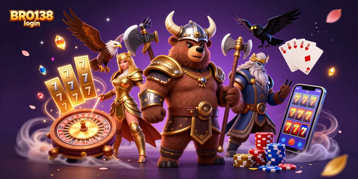 Experience the thrill of BRO138 login with Viking characters and slot machine elements showcasing vibrant action.