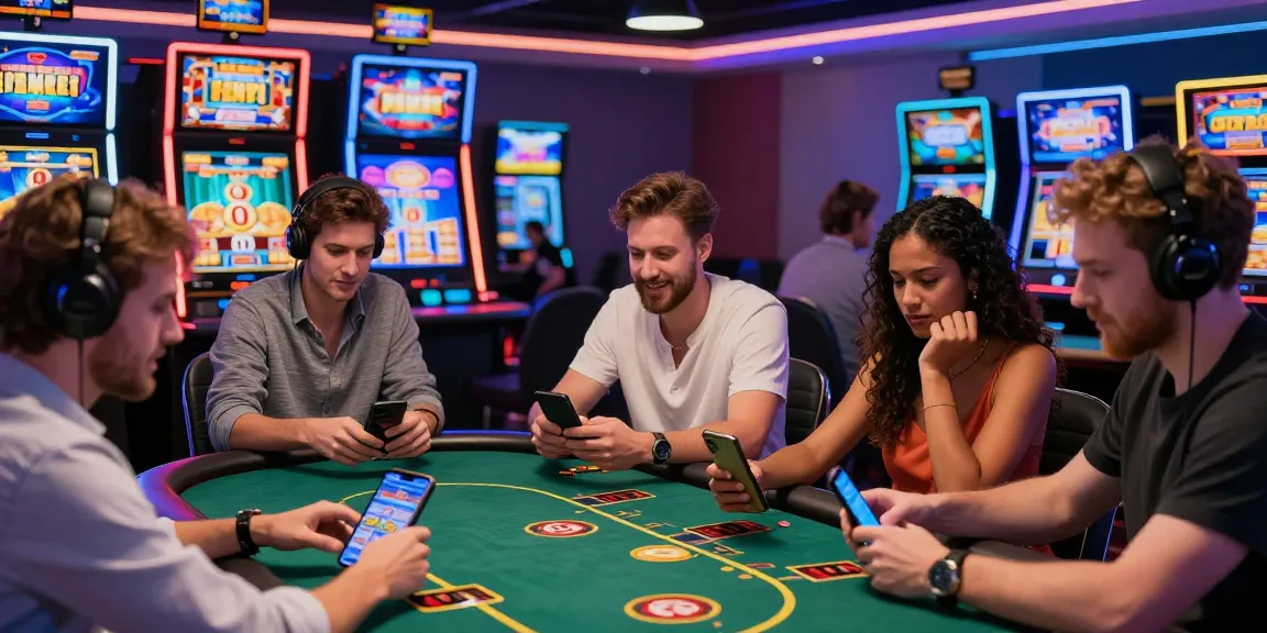 Exciting online casinos Australia scene with diverse players enjoying gaming on devices, vibrant atmosphere with slot graphics.