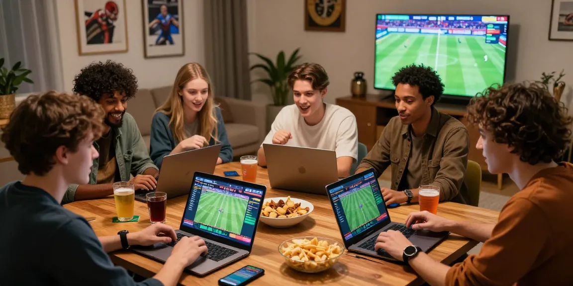 Friends enjoying a virtual betting session on secure 토토사이트 platforms in a lively living room.