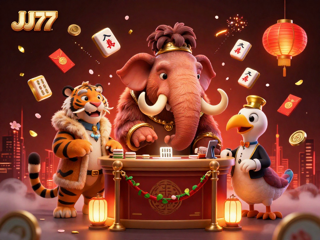 Experience the thrill of JJ77 with a dynamic casino scene featuring a mammoth bouncer, saber-tooth VIP, and dodo doorman.