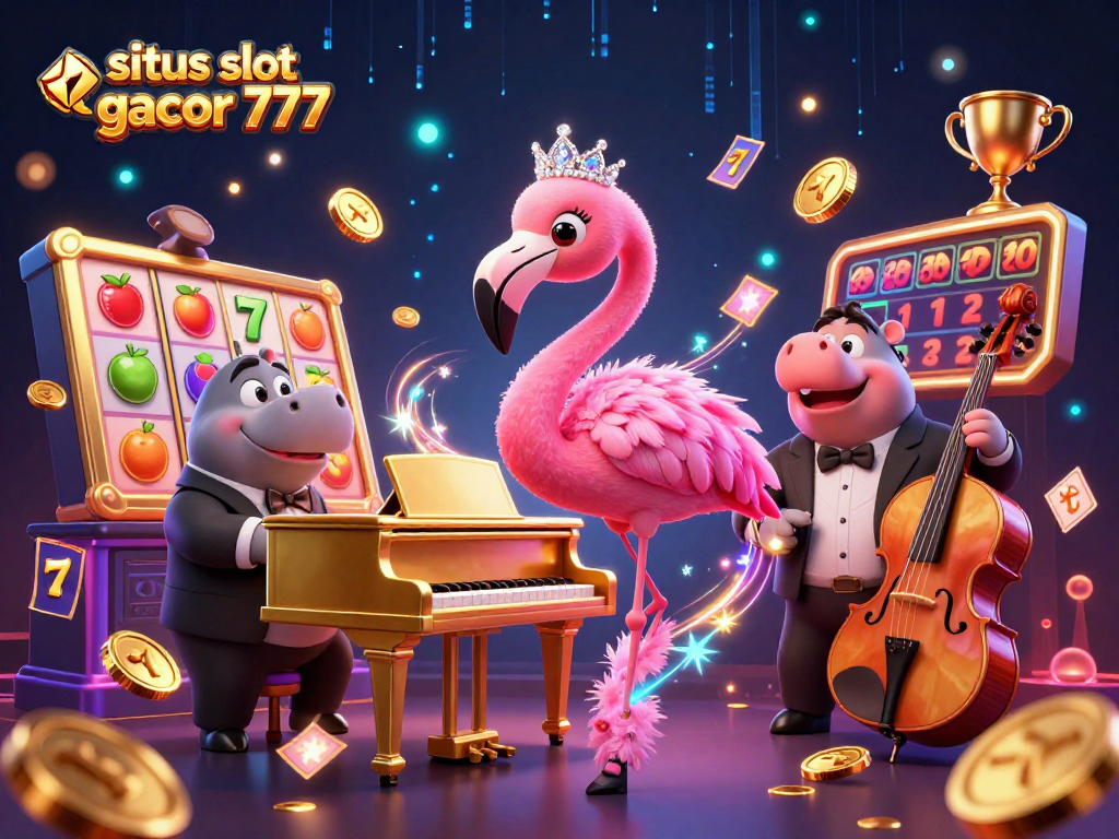 Spark excitement at situs slot gacor 777 with a vibrant 3D casino scene featuring lively characters, slot reels, and dynamic game elements.