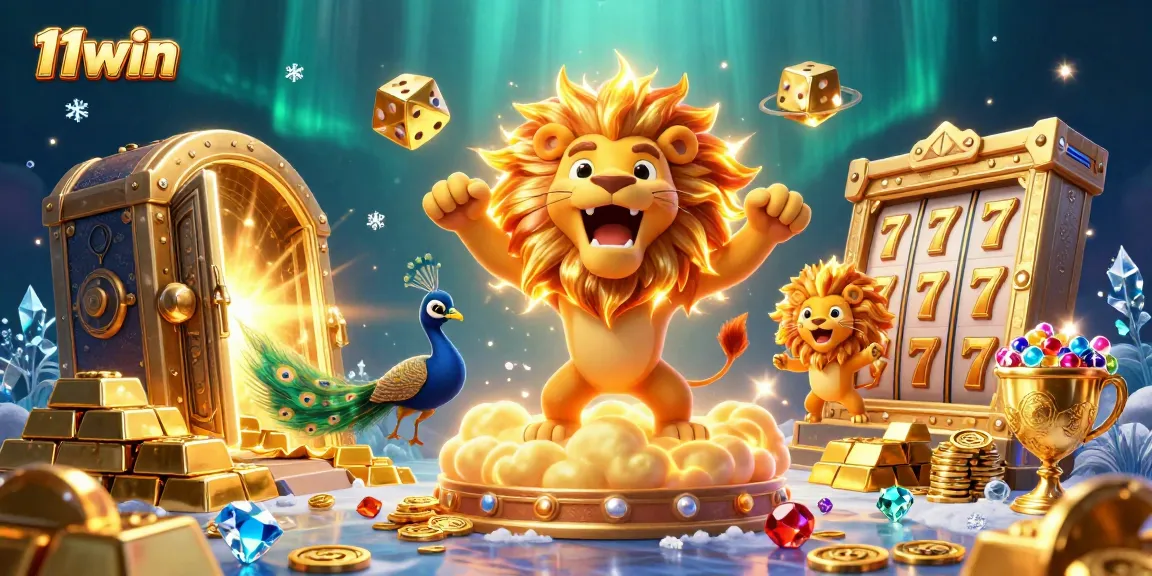 Engage in the thrilling world of 11win with a vibrant 3D casino scene filled with slot elements and treasures.