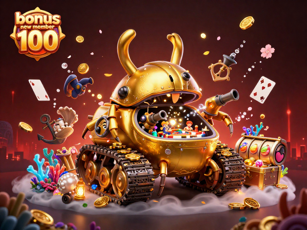 Experience the thrill of slots with bonus new member 100 and massive rewards in this vibrant 3D casino scene.