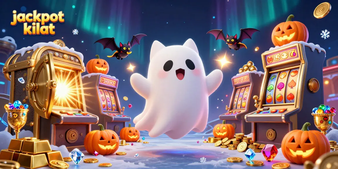 Experience the thrill of jackpot kilat with a playful ghost cat and vampire bat amidst vibrant casino treasures