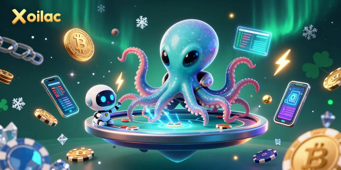 Xoilac promotes cosmic poker excitement with an alien octopus and robot in a holographic scene.