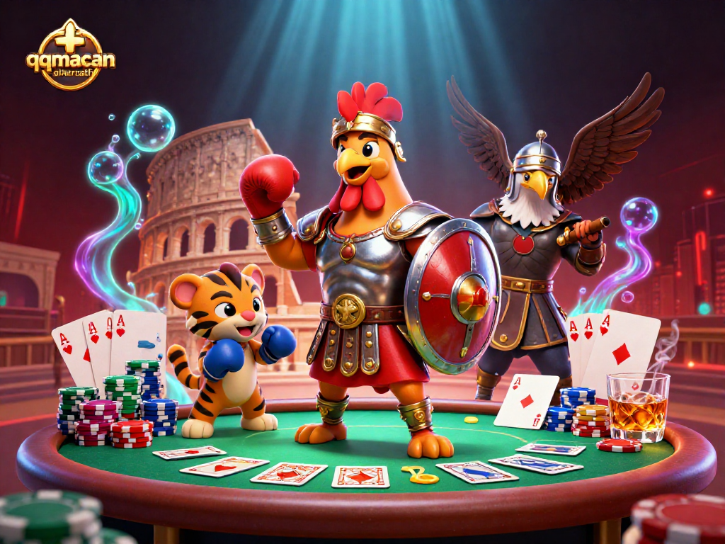 Engage in thrilling action with qqmacan alternatif featuring a gladiator rooster in a high-stakes poker arena.
