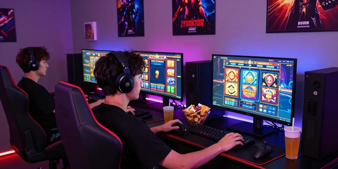 Gamer menikmati pengalaman bermain SLOT GACOR di ruangan modern dengan monitor permainan yang berwarna-warni.
