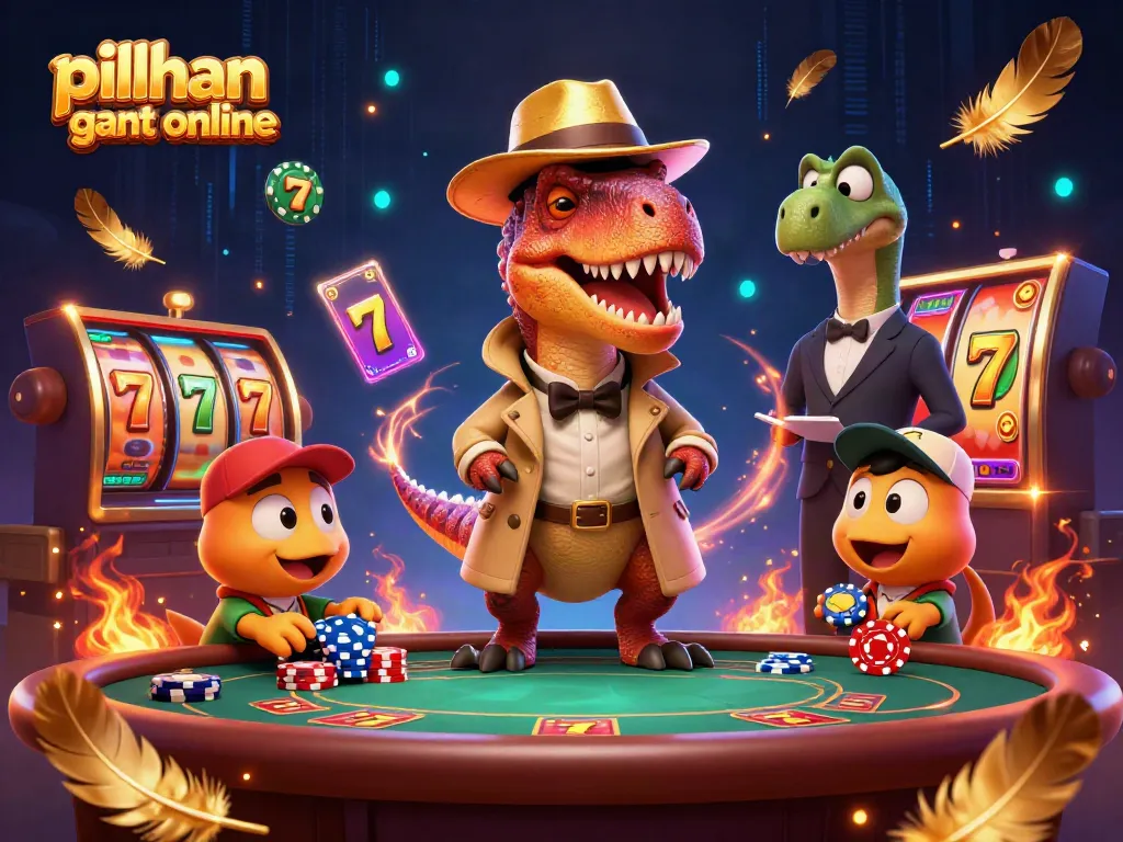 Pilihan permainan slot online menarik dengan velociraptor dan stegosaurus di meja judi, menghiasi suasana kasino.