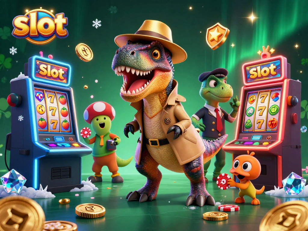 Spin the slot reels in this lively, colorful casino scene with 3D characters and vibrant game elements.