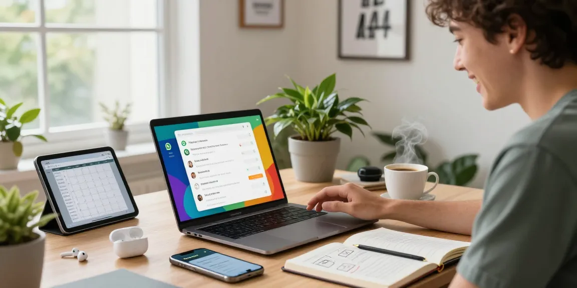 Dynamic home office environment featuring WhatsApp網頁版 in action, showcasing a modern workspace setup.