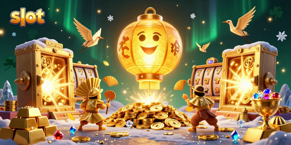 Experience thrilling slot games with a vibrant illustration of lucky symbols and golden treasures.