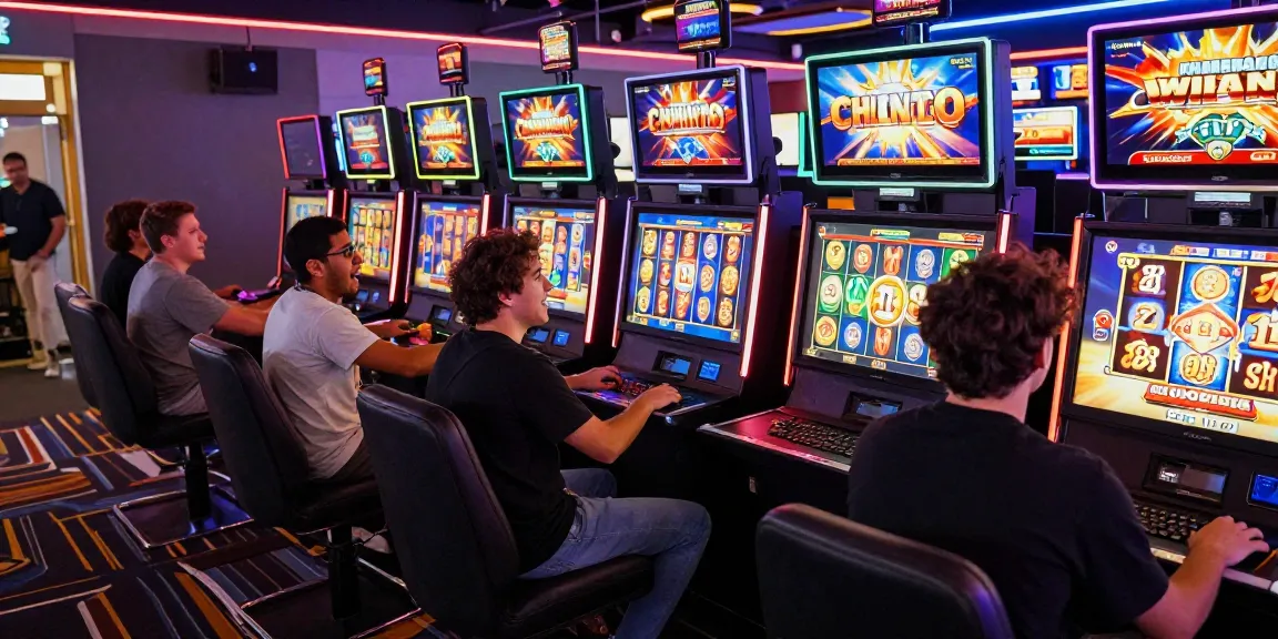 Players excitedly engaging with online slots in a vibrant digital casino setting.
