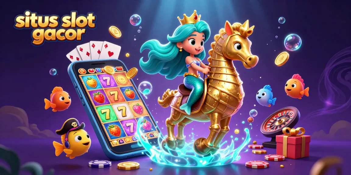 Situs slot gacor showcases a vibrant 3D scene with a mermaid princess and giant seahorse engaging in thrilling casino action
